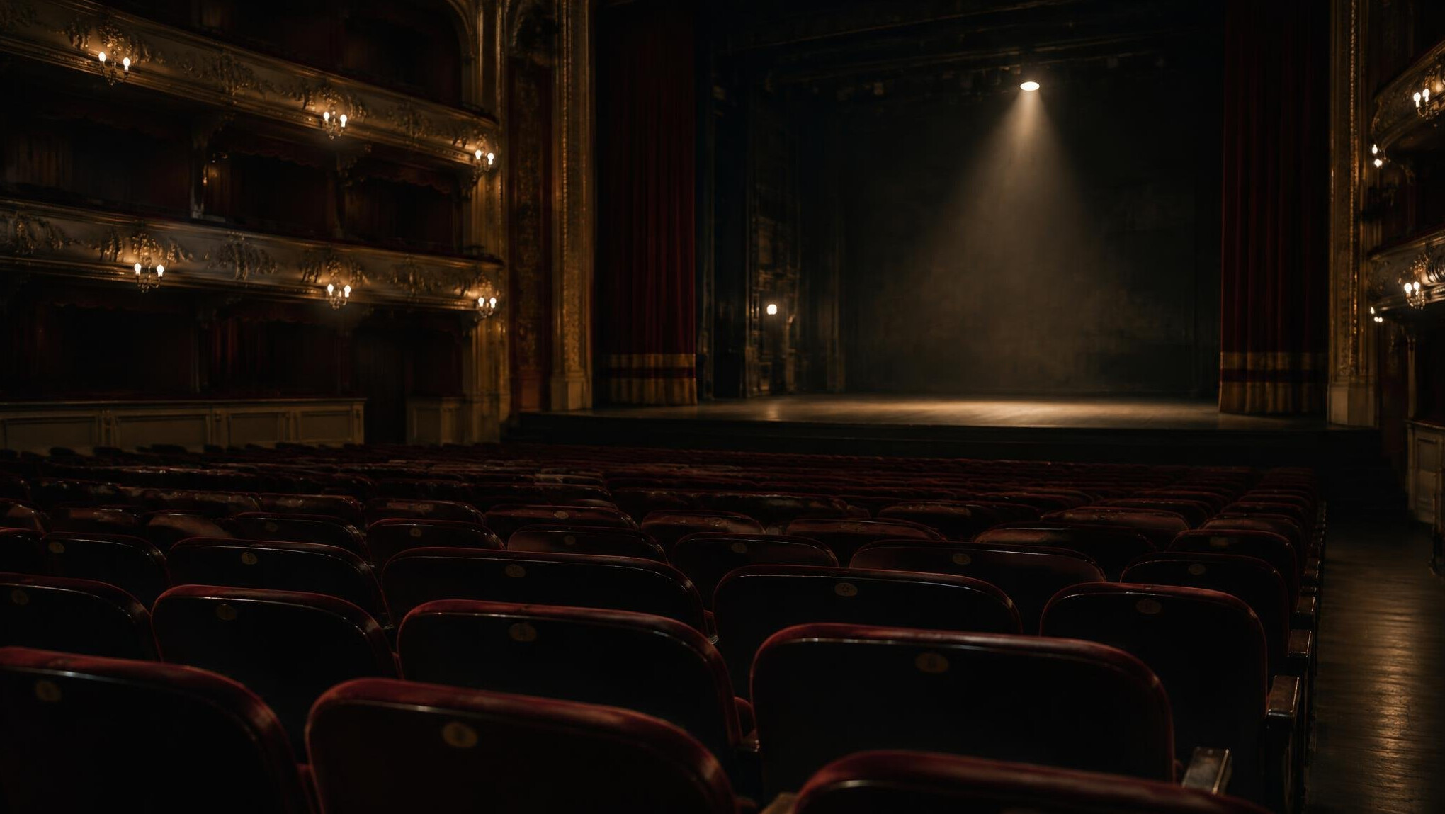 Rows of empty red theatre seats under dim light