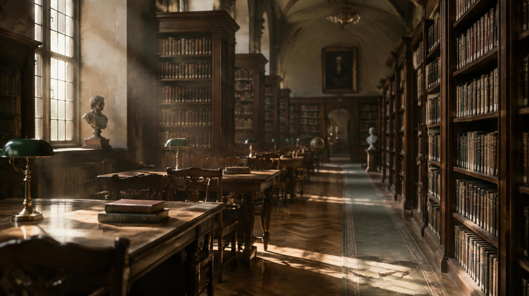 Quiet reading room with rows of tall bookshelves and soft light